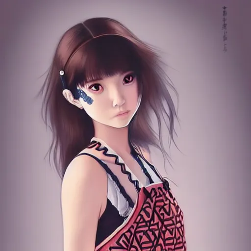 Image similar to a beautiful young japanese natalie portman alluring gravure model, wearing elegant designer overalls, elegant overalls with mesoamerican patterns, mesoamerican native street fashion, princess mononoke, by and wlop and ilya kuvshinov and artgerm and, aesthetic, gorgeous, stunning, alluring, attractive, artstation, pinterest, digital art