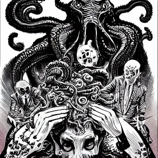 Image similar to Cthulhu as a modern day business man with a family and a drug and gambling addiction, necronomicon is the family Bible , Junji Ito and Greg rutkowski, psychedelic , 50s style infomercial , award winning , retro futuristic