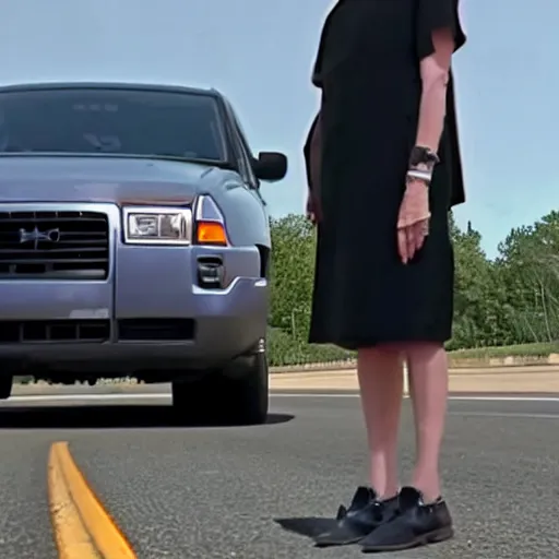 Image similar to ruth bader ginsburg standing in the middle of a highway, dashcam footage, accident