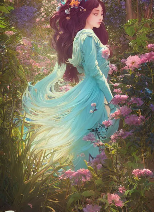 Image similar to beautiful girl with long turqoise hair in a garden, cute, intricate, highly detailed, digital painting, trending on artstation, concept art, smooth, sharp focus, backlit, rim light, vivid colors, illustration, unreal engine 5, 8 k, art by rossdraws and alphonse mucha