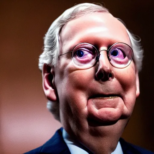 Image similar to the melting slimy face of villain mitch mcconnell. horror film photograph.
