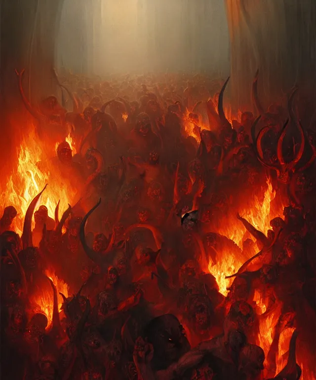 Image similar to Purgatory, fire in hell. A crowd of sinful people is burning in hell in hellfire. The gateway to the infernal underworld. Devils demons and ghouls torment sinful people, highly detailed, digital painting, artstation, concept art, smooth, sharp focus, illustration, art by artgerm and greg rutkowski and alphonse mucha