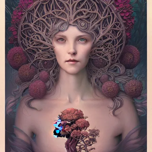 Prompt: a beautiful detailed front view portrait of a woman with ornate growing around, ornamentation, flowers, elegant, beautifully soft lit, by wayne barlowe, peter mohrbacher, kelly mckernan,