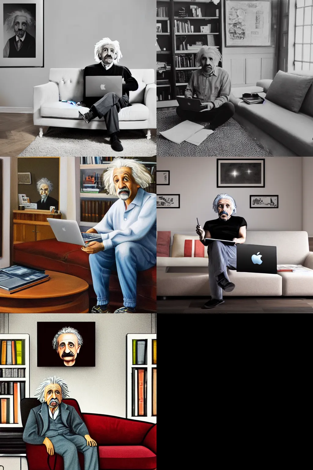 Prompt: highly detailed photorealistic full body portrait of albert einstein inside a modern living room while he is using his Apple MacBook Pro on the sofa