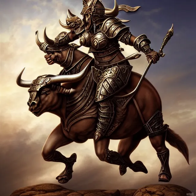 Image similar to armoured minotaur warrior artgerm anne stokes highly detailed 8 k hdr smooth sharp focus high resolution award - winning photo photorealistic