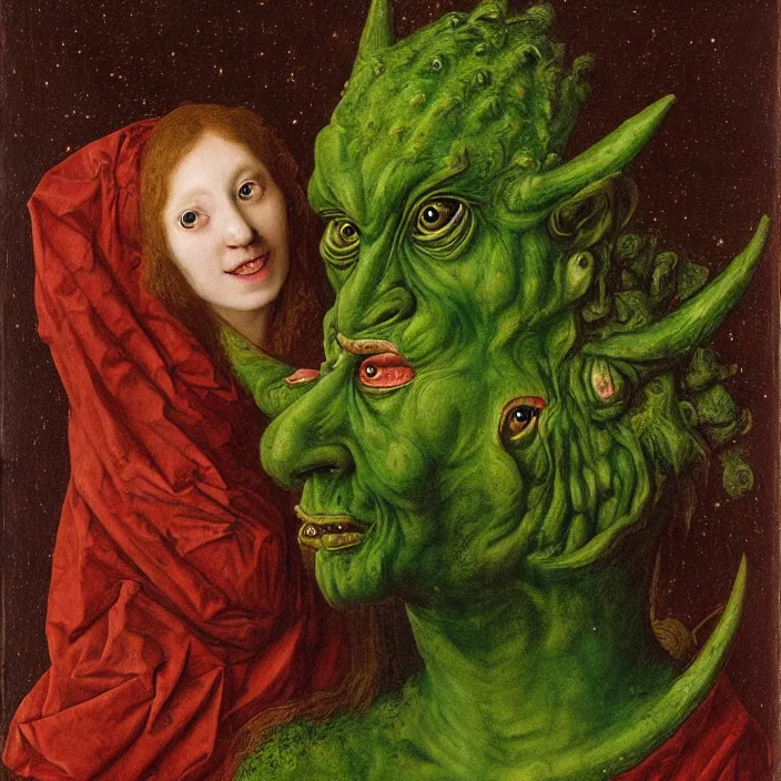 Prompt: a green-horned goblin monster holding a crying woman in a nebula, by Jan van Eyck