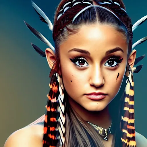 Image similar to ariana grande as a beautiful native american from 300 years ago with The Predator behind her, photography, moody lighting, artstation, realistic,