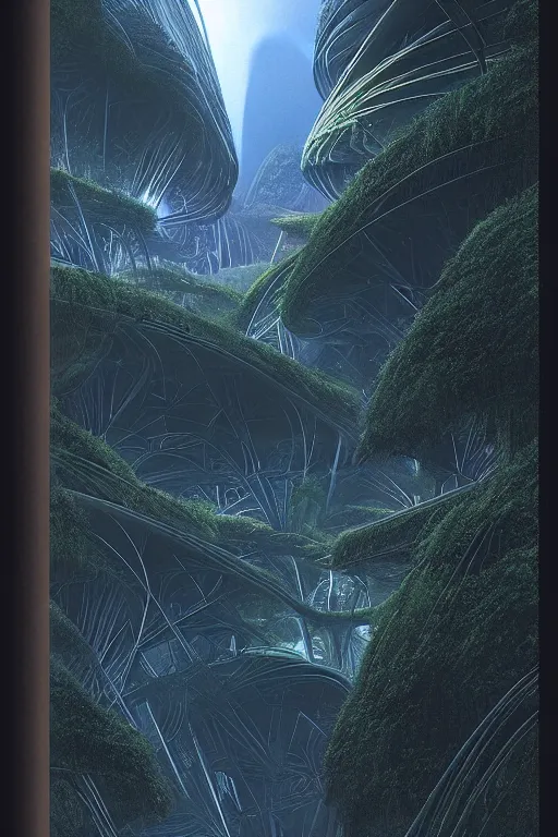 Prompt: emissary space by author haas and bruce pennington and john schoenherr, cinematic matte painting in a lush jungle at blue hour, zaha hadid building, 8 k, dark moody monochrome color palate