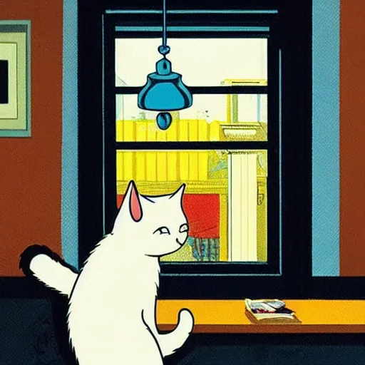 Prompt: cute cat Edward Hopper mcbess