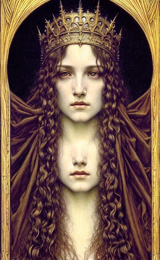 Image similar to detailed realistic beautiful young medieval queen face portrait by jean delville, gustave dore and marco mazzoni, art nouveau, symbolist, visionary, gothic, pre - raphaelite. horizontal symmetry