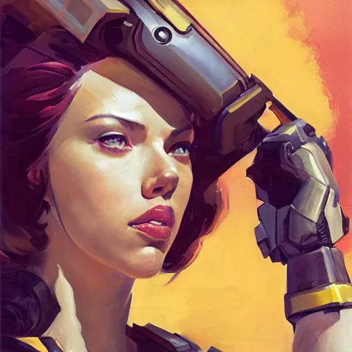 Prompt: greg manchess portrait painting of partially armored scarlett johansson as overwatch character, medium shot, asymmetrical, profile picture, organic painting, sunny day, matte painting, bold shapes, hard edges, street art, trending on artstation, by huang guangjian and gil elvgren and sachin teng