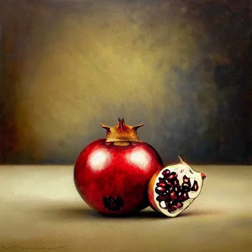 Image similar to an oil painting of a pomegranate by esao andrews. circa survive album cover art. dark. muted colors. gothic. oil painting with brush strokes. creepy.