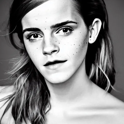 Image similar to Emma Watson closeup of face shoulders and very long hair hair pouting and grinning Vogue fashion shoot by Peter Lindbergh fashion poses detailed professional studio lighting dramatic shadows professional photograph by Cecil Beaton, Lee Miller, Irving Penn, David Bailey, Corinne Day, Patrick Demarchelier, Nick Knight, Herb Ritts, Mario Testino, Tim Walker, Bruce Weber, Edward Steichen, Albert Watson