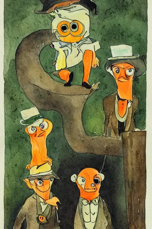 Prompt: a clockwork orange as mongooses, children's book, melancholy, watercolor, illustrated