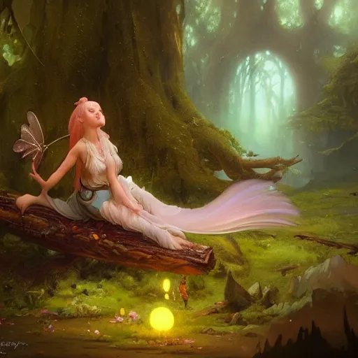 Prompt: a tired fairy rests on a log, detailed matte fantasy painting, cinematic lighting, deviantart artstation, by greg rutkowski, by peter mohrbacher, by lisa frank, by ferdinand knab