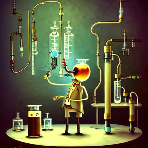 Image similar to steampunk mad scientist Funny cartoonish with test tubes at a science lab, by Gediminas Pranckevicius H 704