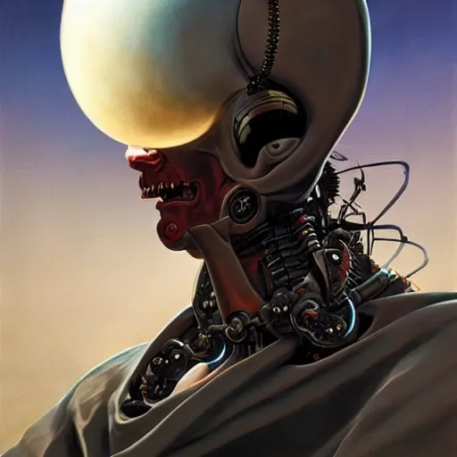Image similar to amish cyborg with one robotic eye, highly detailed by peter mohrbacher, hajime sorayama, wayne barlowe, boris vallejo, aaron horkey, gaston bussiere, craig mullins