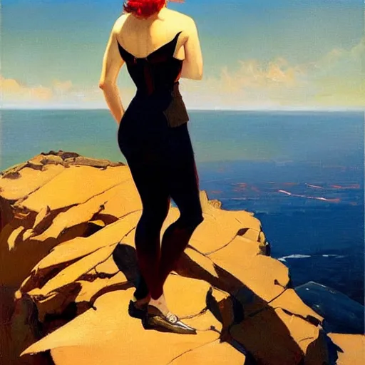 Prompt: an attractive female standing on a cliff, looking out at a red ocean, jc leyendecker!! phil hale!, angular, brush strokes, painterly, vintage, crisp