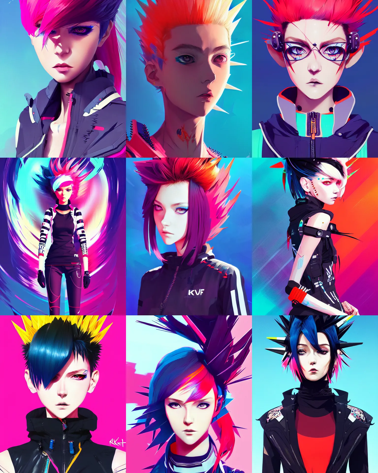 Prompt: poster woman with futuristic streetwear and spiky hair, colourful, pretty face, intricate eyes, elegant, Anime by Kuvshinov Ilya, Cushart Krentz and Gilleard James, 4k, HDR, Behance Trending on artstation, award winning