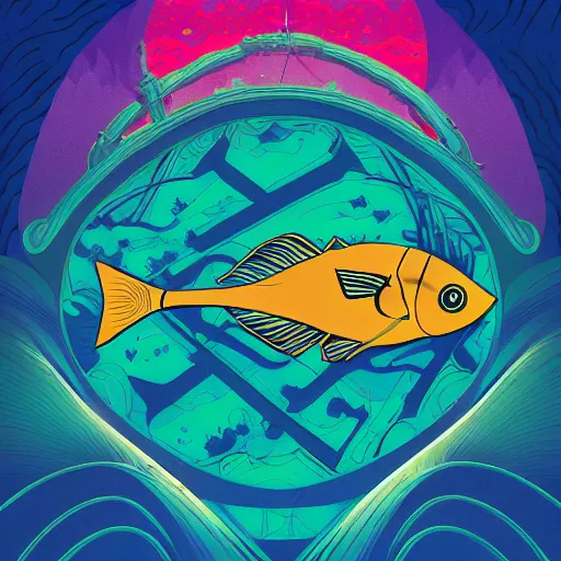 Prompt: profile of one stylized fish in center of view, dark ocean, complex patterns, artstation, intricate, realistic, highly detailed, digital painting, concept art, sharp focus, illustration by tom whalen and charles williams and kilian eng and james jean