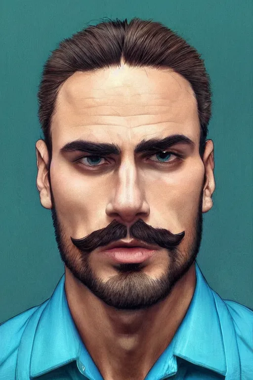 Image similar to gigachad luigi wearing a blue shirt and green overalls by ilya kuvshinov, bodybuilder ernest khalimov, super mario bros symmetrical face concept art, hyper realistic, intricate, elegent, highly detailed, digital painting, concept art, smooth, sharp, focus, illustration, art by artgerm and greg rutkowski and alphonse mucha, artstation