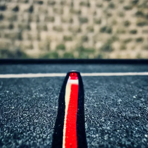 Image similar to close up photo of a small toy porsche 9 1 1 9 6 4 on a road stripe, cinematic, shallow dof, 3 5 mm, 4 k, macro