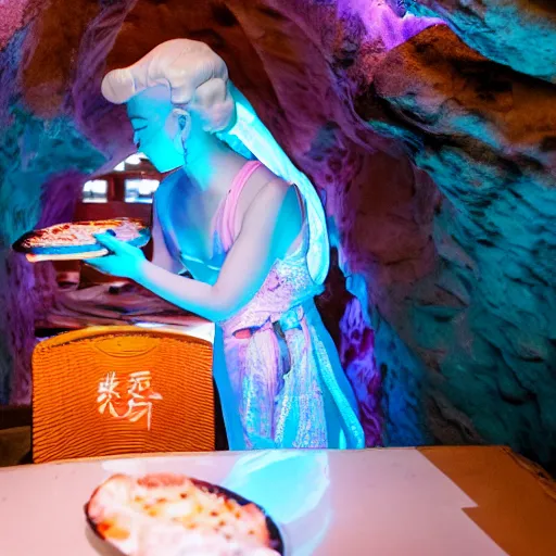 Image similar to cinematic photo of a beautiful albino koi fish woman lit with saturated split colour blue and dusty pink lighting serving pizza in a grotto restaurant