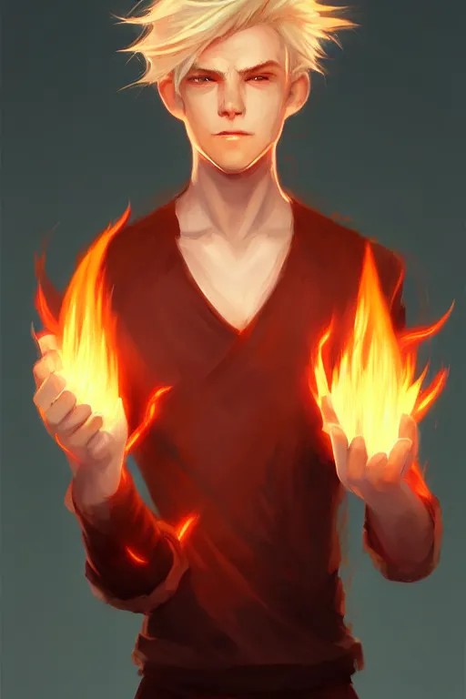 Image similar to character art by wlop, young man, blonde hair, on fire, fire powers