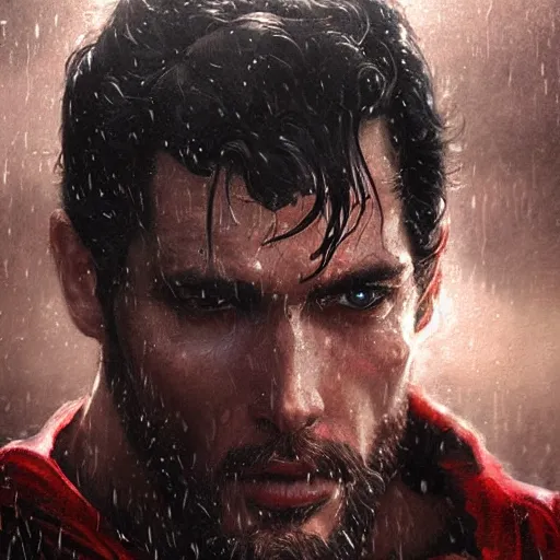 Prompt: superman with long beard and intense eyes, scarred, wet, raining, close up, rim lighting, portrait, sinister atmospheric lighting. highly detailed painting by greg rutkowski, anime style