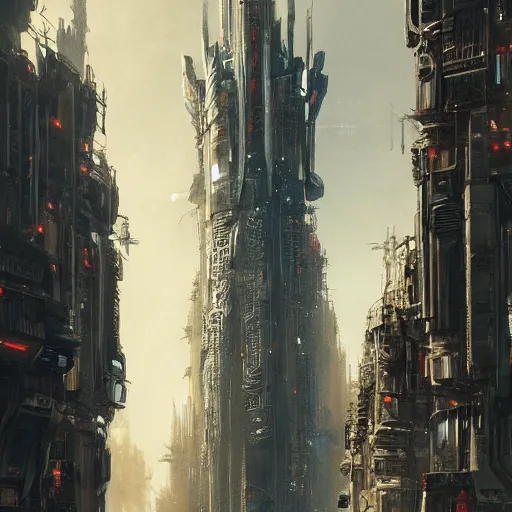 Image similar to highly detailed concept art of monumental huge tower in the cyberpunk city center trending on Artstation by Daniel Dociu and Greg Rutkowski, high quality, nomadic urbanism, sci-fi, futuristic, architecture