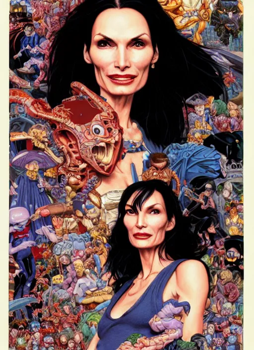 Prompt: a richly detailed color  illustration depicting Famke Janssen in 1987 looking forlorn, masterfully painted on glass by Akira Toriyama and Mina Petrovic, Range Murata, Katsuhiro Otomo, Yoshitaka Amano, and Artgerm. 3D shadowing effect, 8K resolution, 3D shadowing effect, ultra ornate detail, vivid Provio .