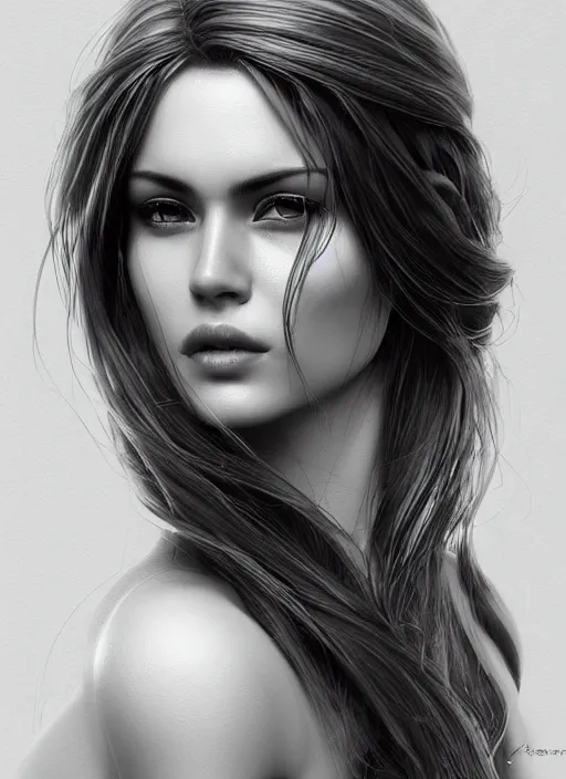 Image similar to up close portrait of a beautiful woman in black and white, photorealistic, intricate hair, art by diego fazio and diegoKoi and oscar Ukono, concept art, sharp focus, artgerm, 8k highly detailed