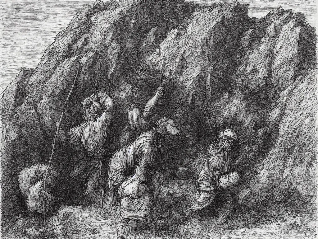 Prompt: Worker in the mines carrying stones. Ink painting by Gustave Dore, Albrecht Durer, Sebastiao Salgado