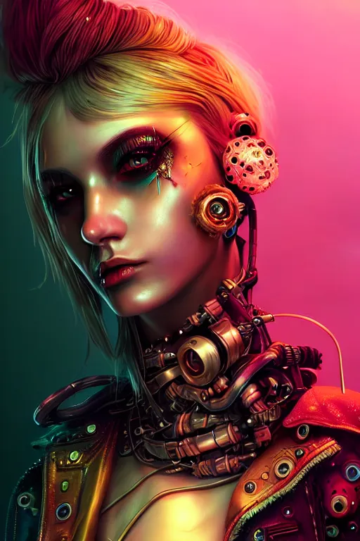 Prompt: soft lustrous raver gutter punk gothic cyborg, golden ratio, flowerpunk, details, scifi, fantasy, cyberpunk, intricate, decadent, highly detailed, digital painting, octane render, artstation, concept art, smooth, sharp focus, illustration, art by artgerm, loish, wlop