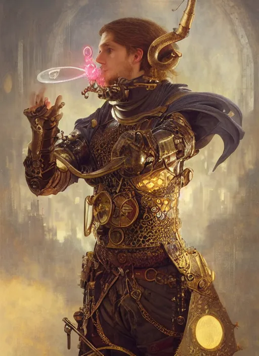 Image similar to hyper realistic knight casting a spell, refined details, denoised, birds eye view, magical, gems, jewels, gold, steampunk, cyberpunk utopia, painted by tom bagshaw, mucha, gaston bussiere, craig mullins, j. c. leyendecker 8 k