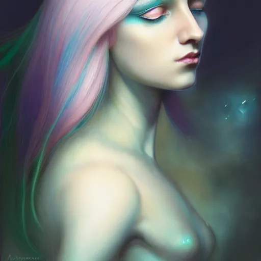 Image similar to portrait of girl with pale teal hair, luna moth, uniquely beautiful, fantasy, intricate, elegant, dramatic lighting, emotionally evoking symbolic metaphor, highly detailed, lifelike, photorealistic, digital painting, artstation, concept art, smooth, sharp focus, illustration, art by John Collier and Albert Aublet and Krenz Cushart and Artem Demura and Alphonse Mucha