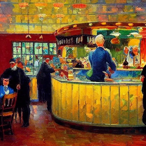 Image similar to a colorful fanciful ice cream parlor counter, by lenoid afremov, by thomas eakins