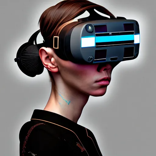 Image similar to Colour Caravaggio style Photography of Beautiful woman with highly detailed 1000 years old face wearing higly detailed cyberpunk VR Headset designed by Josan Gonzalez Many details. . In style of Josan Gonzalez and Mike Winkelmann andgreg rutkowski and alphonse muchaand Caspar David Friedrich and Stephen Hickman and James Gurney and Hiromasa Ogura. Rendered in Blender, volumetric natural light