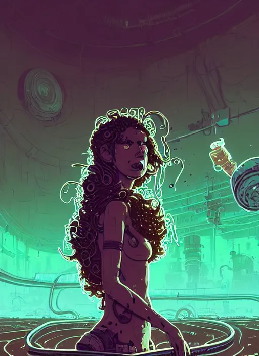 Prompt: highly detailed portrait of a lonely wasteland punk long dripping curly brown nuclear hair tribal lady, stray green slime hoses by atey ghailan, james gilleard, by joe fenton, by greg rutkowski, by greg tocchini, by kaethe butcher, 4 k resolution, gradient purple, brown black and white color scheme!!! ( ( green flaming robotic sewer background ) )