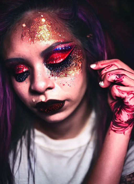 Image similar to Cinestill 50d candid photography of a city on fire, a techwear mixed woman wearing thick mascara and dark glitter makeup crying outside of a city on fire, tattoos, tilted frame, 4k, 8k, hd, full color