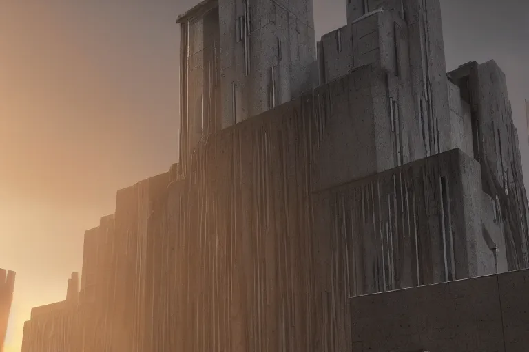 Image similar to streetscape, a towering cathedral of brutalist architecture, buildings covered with greebles, stunning volumetric light, sunset, metal, concrete and translucent material, stunning skies, majestic landscape, trending on Artstation, 8k, photorealistic, hyper detailed, unreal engine 5, IMAX quality, cinematic, epic lighting, in the style of Greg Rutkowski