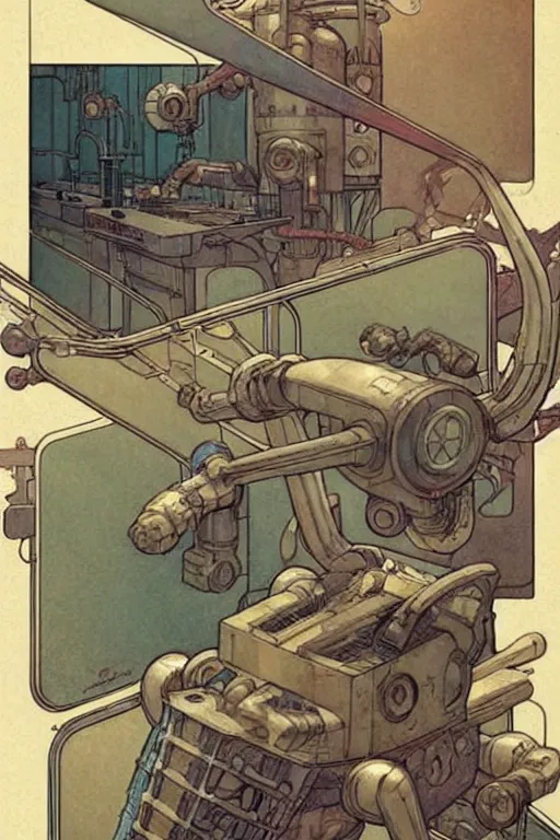 Image similar to comic book art nouveau page layout ( ( ( ( ( 1 9 5 0 s retro future robot lab interior. muted colors. ) ) ) ) ) by jean - baptiste monge!!!!!!!!!!!!!!!!!!!!!!!!!!!!!!