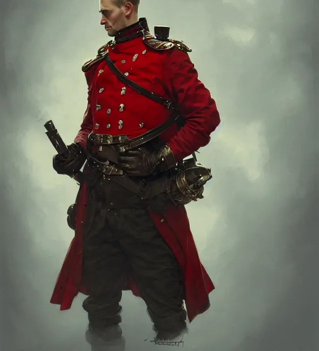 Prompt: portrait of a german man wearing a red and black traditional nineteenth century military jacket, metal shoulder pauldrons, highly detailed, digital painting, artstation, concept art, sharp focus, cinematic lighting, illustration, art by artgerm and greg rutkowski, alphonse mucha, cgsociety