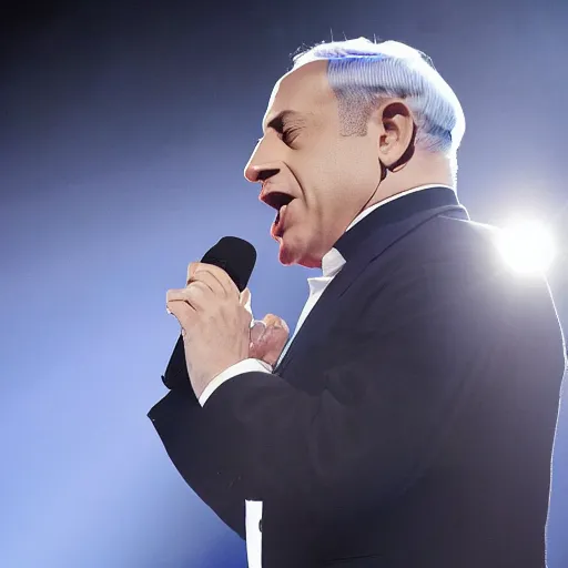 Image similar to benjamin netanyahu singing in the eurovision in front of a band, stage lighting, sharp focus, highly detailed