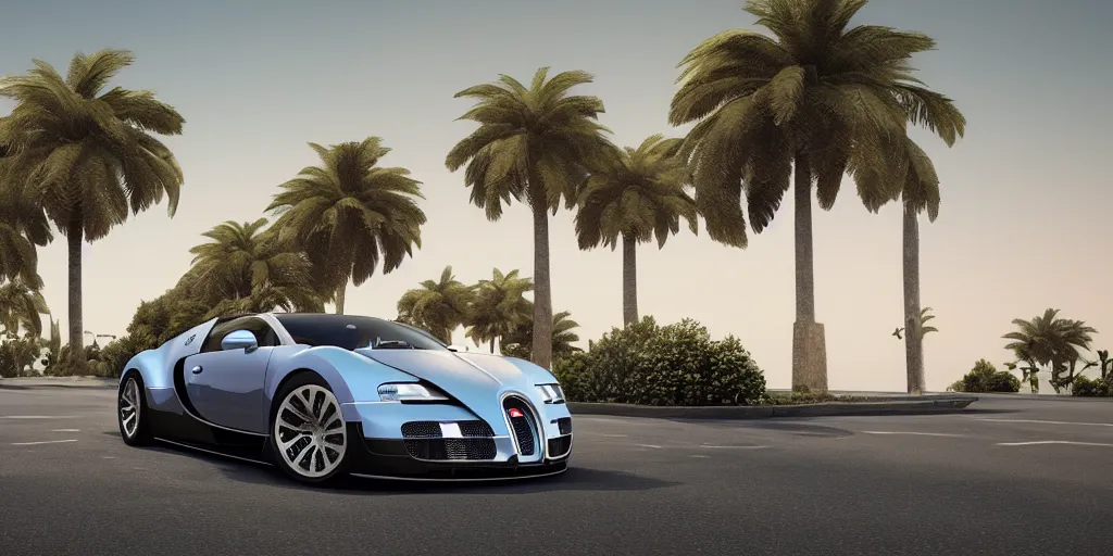 Prompt: bugatti veyron, 3 d primitive rendering, palm trees, 8 0 s vaporwave