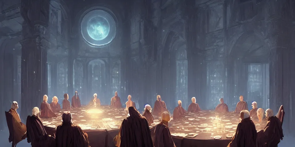 Image similar to A meeting of the council of elders, robed figures sat around a table, beautiful architecture, night time, stars visible, beautiful moon light, concept art, fantasy art, painted by Greg Rutkowski, trending on artstation