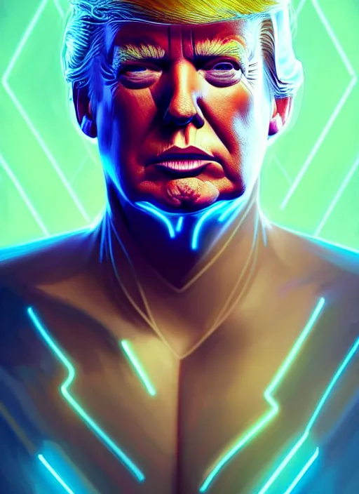 Prompt: portrait of donald trump cyber humanoid, intricate, elegant, cyber neon lights, highly detailed, digital painting, artstation, glamor pose, concept art, smooth, sharp focus, illustration, art by artgerm and greg rutkowski