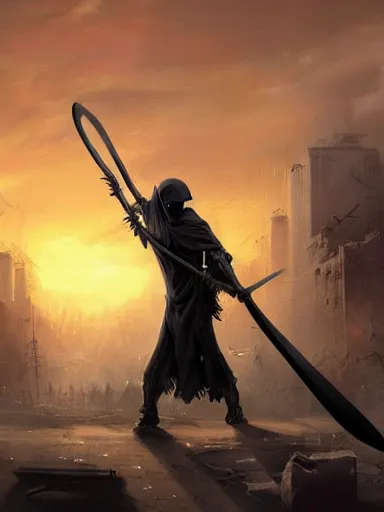 Prompt: the grim reaper holding a scythe, trought a destroyed city with people scared. the sun starting to rise during the twilight in the background. intricate, elegant, highly detailed, digital painting, artstation, concept art, sharp focus, illustration, by justin gerard and artgerm, 8 k