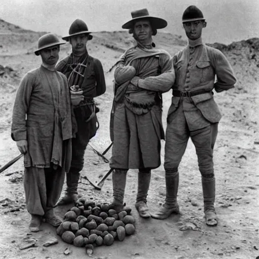 Image similar to ultra detailed photorealistic sepia - toned photo from 1 9 1 7, three clean - shaven british soldiers standing with two bedouin traders in traditional arab garb, at an archaeological dig site, ultra realistic, painted, intricate details, lovecraft, atmospheric, dark, horror, brooding, highly detailed, by clyde caldwell