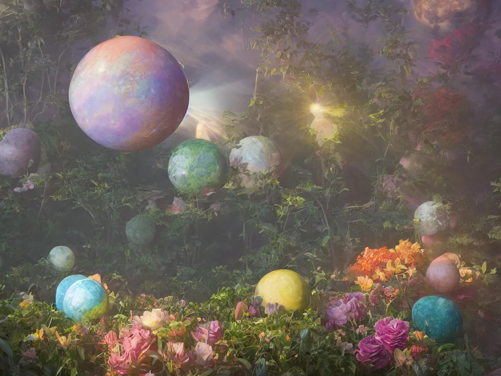 Image similar to 3 d render, sunlight study, the universe is a spheroid region 7 0 5 meters in diameter, art nouveau, by rachel ruysch and ( ( ( ( ( lisa frank ) ) ) ) ), 8 k, sharp focus, octane render